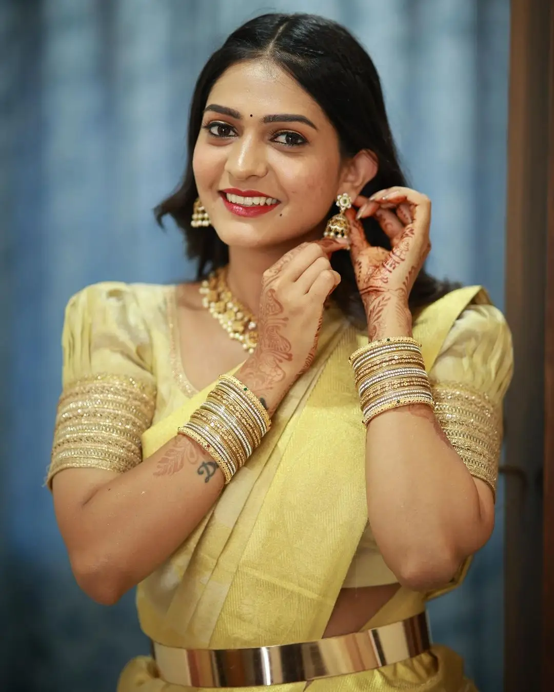 NISARGA GOWDA IN SOUTH INDIAN TRADITIONAL YELLOW SAREE BLOUSE